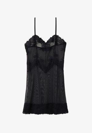 Camisole en dentelle noire avec des bretelles fines réglables, un décolleté en V, des détails floraux et un ourlet en dentelle. Tissu en mesh transparent.