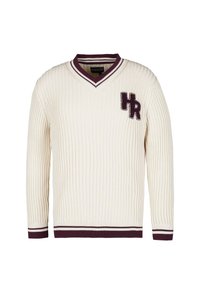 Krämfärgad stickad tröja med V-ringning, med ribbad textur och vinröda detaljer vid halsringningen och ärmsluten, samt en broderad "HR"-logotyp.