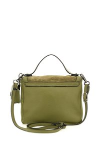 Borsa a mano in pelle verde oliva con manico superiore, tracolla staccabile e regolabile, e accentuazione in camoscio sul bordo superiore.