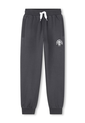 Pantalon de jogging gris foncé avec poignets élastiques, cordon de serrage blanc, poches latérales, et logo Timberland blanc sur la cuisse gauche.