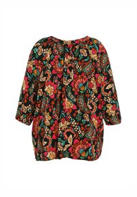 Blusa a maniche corte in tessuto nero con un vivace motivo floreale in tonalità di rosso, arancio e verde. Collo arricciato e vestibilità rilassata.