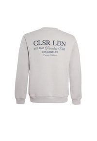 Hellgrauer Sweatshirt mit Rundhalsausschnitt, langen Ärmeln, gerippten Bündchen und Saum sowie einem aufgedruckten Branding auf der Rückseite in dunkelblauer Schrift.