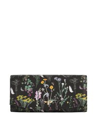 Floral wallet featuring a black textured exterior with colorful flowers and insects. Compact rectangular shape with a fold-over design.