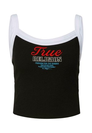 Haut court noir avec bordure blanche et texte brodé "True Religion" en rouge, blanc et bleu sur la poitrine.