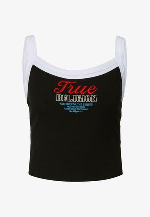 Schwarzes, gekürztes Tanktop mit weißem Besatz und rot-weiß-blauem "True Religion"-Stickerei auf der Brust.