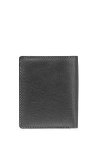 Portefeuille en cuir noir avec une finition texturée, design plié en deux et couture soignée. Compact, avec des bords et des coins visibles.