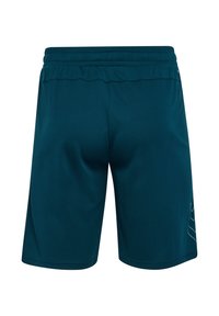 Bermudas deportivas para hombres en azul verdoso oscuro, fabricadas con tejido ligero. Cuentan con una cinturilla elástica y un discreto detalle del logo en el lateral.