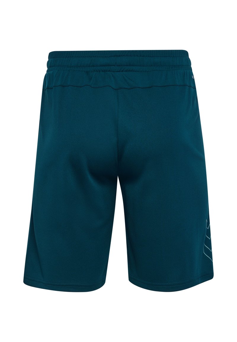 Bermudas deportivas para hombres en azul verdoso oscuro, fabricadas con tejido ligero. Cuentan con una cinturilla elástica y un discreto detalle del logo en el lateral.