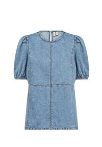 Top din denim albastru, cu mâneci bufante, decolteu rotund și închidere cu fermoar la spate; prezintă detalii de cusătură și un design structurat, în formă de cutie.