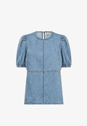 Modra denim majica s puf rokavi, okroglim ovratnikom in zadrgo na hrbtni strani; vsebuje šivane podrobnosti in strukturiran, kvadratast dizajn.