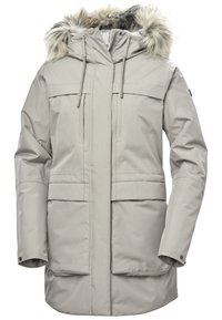 Light gray parka jacket with a detachable faux fur hood, zip and button closure, two front pockets, and adjustable cuffs. Smooth, waterproof fabric.