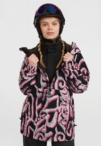 Kleurige, gestreepte skijas met roze en witte abstracte ontwerpen op een zwarte achtergrond. Voorzien van een ritssluiting en verstelbare manchetten.