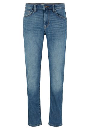 Jeans in denim blu a gamba dritta con chiusura con bottone e cerniera, tasche frontali e posteriori e dettagli delicatamente scoloriti sulle cosce.