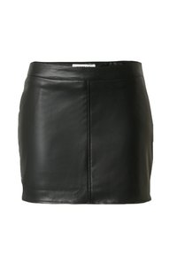 Zwarte leren mini-rok met een gladde textuur, voorzien van een klassiek hoogtaille ontwerp en een eenvoudige, strakke snit zonder versieringen.