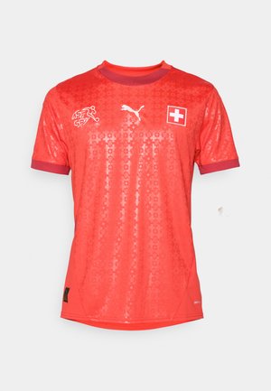 Red sports jersey made from lightweight fabric. Features short sleeves, round neck, Swiss flag logo, and textured cross pattern.