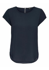 Blusa senza maniche blu navy con scollatura rotonda, tessuto strutturato e zip sul retro. Presenta un orlo curvo per una vestibilità rilassata.