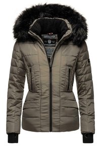 Padded jacket in olive green with a detachable black fur-lined hood, ribbed cuffs, and zippered side pockets. Features stitched pattern details.
