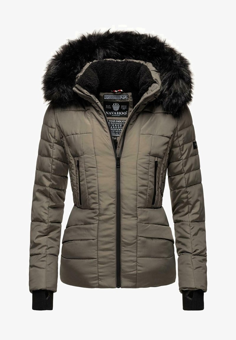 Padded jacket in olive green with a detachable black fur-lined hood, ribbed cuffs, and zippered side pockets. Features stitched pattern details.