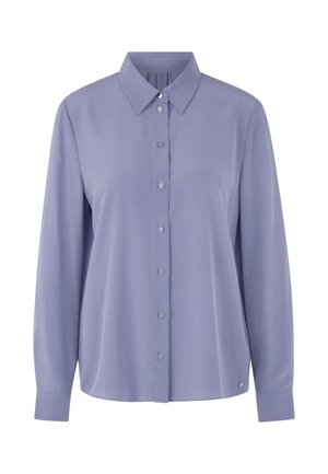 Light purple long-sleeve blouse with a button-down front, collar, and single button cuffs. Smooth fabric with subtle sheen and no patterns.