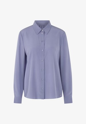 Light purple long-sleeve blouse with a button-down front, collar, and single button cuffs. Smooth fabric with subtle sheen and no patterns.