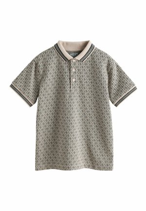 Beiges Poloshirt mit schwarzem geometrischem Muster, kurzen Ärmeln, knöpfbarer Blende und kontrastierendem Kragen sowie Ärmelsäumen.