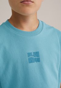 Šviesiai mėlynas apvalaus kaklo džemperis, pagamintas iš minkštos medžiagos, su tekstūruotu "BLUE RIDGE" logotipu, atitinkančios mėlynos spalvos. Matomas suaugęs kaklo iškirpimas.