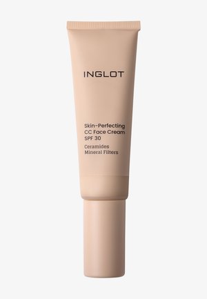 Tube de crème visage CC Skin-Perfecting Inglot avec SPF 30, contenant des céramides et des filtres minéraux, emballage beige sur fond blanc.