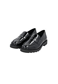 Mocassins en cuir verni noir avec une finition texturée, bout arrondi et semelles épaisses en caoutchouc. Présente une large sangle unique sur l'avant.