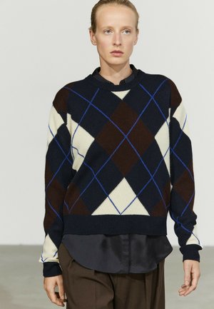 Person iført en marineblå, brun og cremefarvet argyle sweater over en sort skjorte med brune bukser, stående mod en ensfarvet lys baggrund.