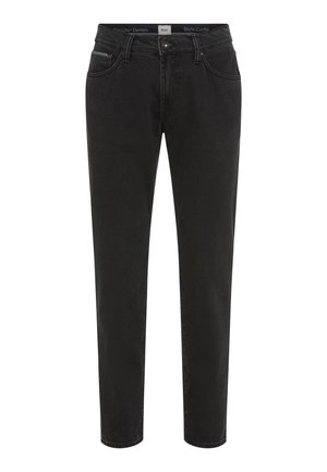 Jeans in denim nero con una vestibilità slim, tasche anteriori, una chiusura con zip e una leggera scoloritura. Il punto vita presenta il marchio "Circular Denim."