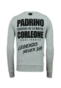Grijze sweatshirt met grote zwarte opdruk op de achterkant: "Padrino General De La Mafia Corleone Lokale Fanatic Legends Never Die."