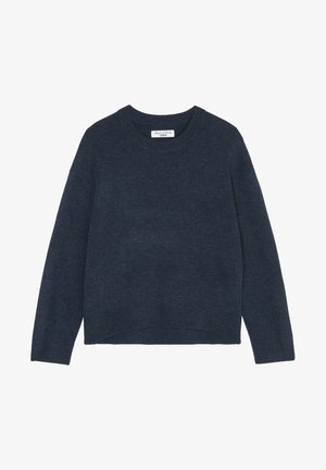 Dunkelblauer gestrickter Pullover mit rundem Ausschnitt, gerippten Bündchen und Saum, überschnittenen Schulternähten und einem etwas längeren Rückensaum.