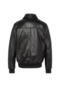 Schwarze Lederjacke mit einem Kragen, gerippten Bündchen und Saum, glatter Textur und gesteppten Details auf der Rückseite.