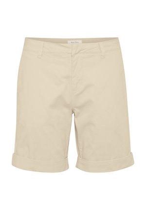 Beige Baumwollshorts mit geradem Schnitt, umgeschlagenen Bündchen, vorderen Taschen und Reißverschluss. Etikett am Bund sichtbar.
