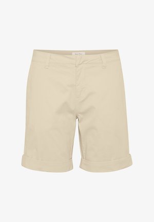Pantaloncini beige in cotone con taglio dritto, risvolti arrotolati, tasche anteriori e chiusura con zip. Etichetta visibile in vita.