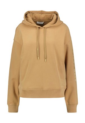 Beige capuchontrui met trekkoorden, geribbelde boorden en zoom, en "BOSS" en "SOLEHDAYS" tekstdetails op de trekkoorden en mouw.