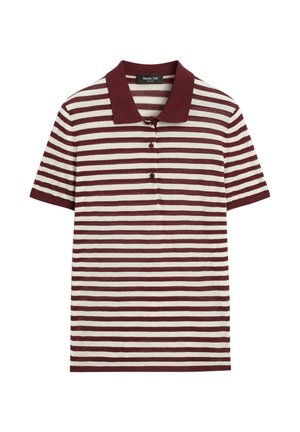 Polo à manches courtes avec rayures horizontales bordeaux et blanches, col bordeaux et trois boutons sur le devant.