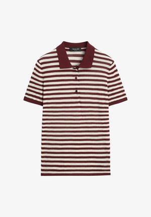 Polohemd mit kurzen Ärmeln, horizontalen bordeauxroten und weißen Streifen, bordeauxrotem Kragen und drei Knöpfen vorne.