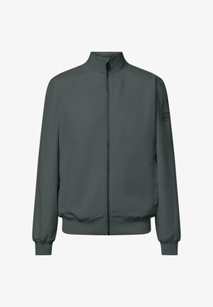 Mørkegrå lynlåstrøje med opretstående krave, lange ærmer, sidelommer, elastiske manchetter og linning samt diskret logo på venstre ærme.