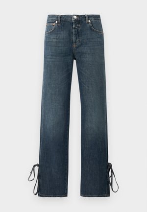 Jeans de pierna ancha azul oscuro con bolsillos delanteros y lazos en los dobladillos inferiores sobre un fondo sencillo.
