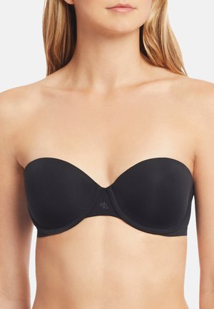 Zwarte strapless bh met gladde cups en een naadloos ontwerp. Heeft een subtiel logo in het midden en een matte afwerking voor een stijlvolle uitstraling.