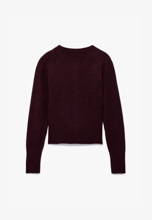 Bordeauxfarbenes gestricktes Sweatshirt mit rundem Ausschnitt, gerippten Bündchen und Saum. Die Rückseite ist glatt, mit einem cropped Design und weicher Textur.