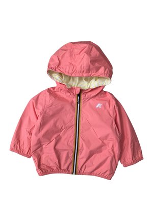 Giubbotto con cappuccio rosa per bambini, con cerniera frontale, polsini e orlo elasticizzati, e un sottile motivo bianco all'interno del cappuccio.