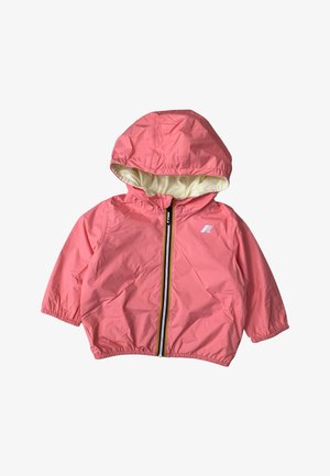 Giubbotto con cappuccio rosa per bambini, con cerniera frontale, polsini e orlo elasticizzati, e un sottile motivo bianco all'interno del cappuccio.