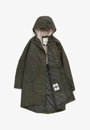 Olive green coat with a hood, featuring a quilted lining, snap buttons, and a fur interior. Includes side pockets and brand label.