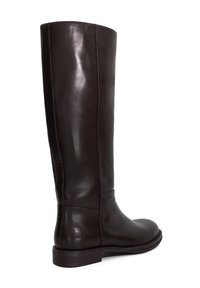 Brown leather knee-high boot with a sleek design, smooth texture, and a flat sole. Accented with minimal stitching along the sides.