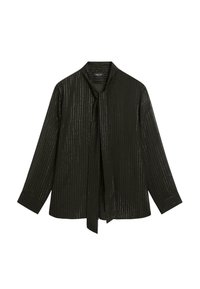 Czarna bluzka z wiązanym dekoltem, ozdobiona pionowymi metalicznymi paskami. Długie rękawy i gładka faktura z delikatnie błyszczącym wykończeniem.