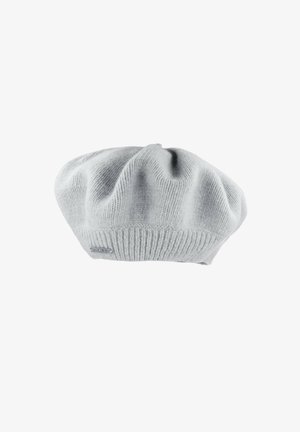 Light gray knitted beret with a rounded top and ribbed band. Features a small metal logo accent on the side. Soft texture.