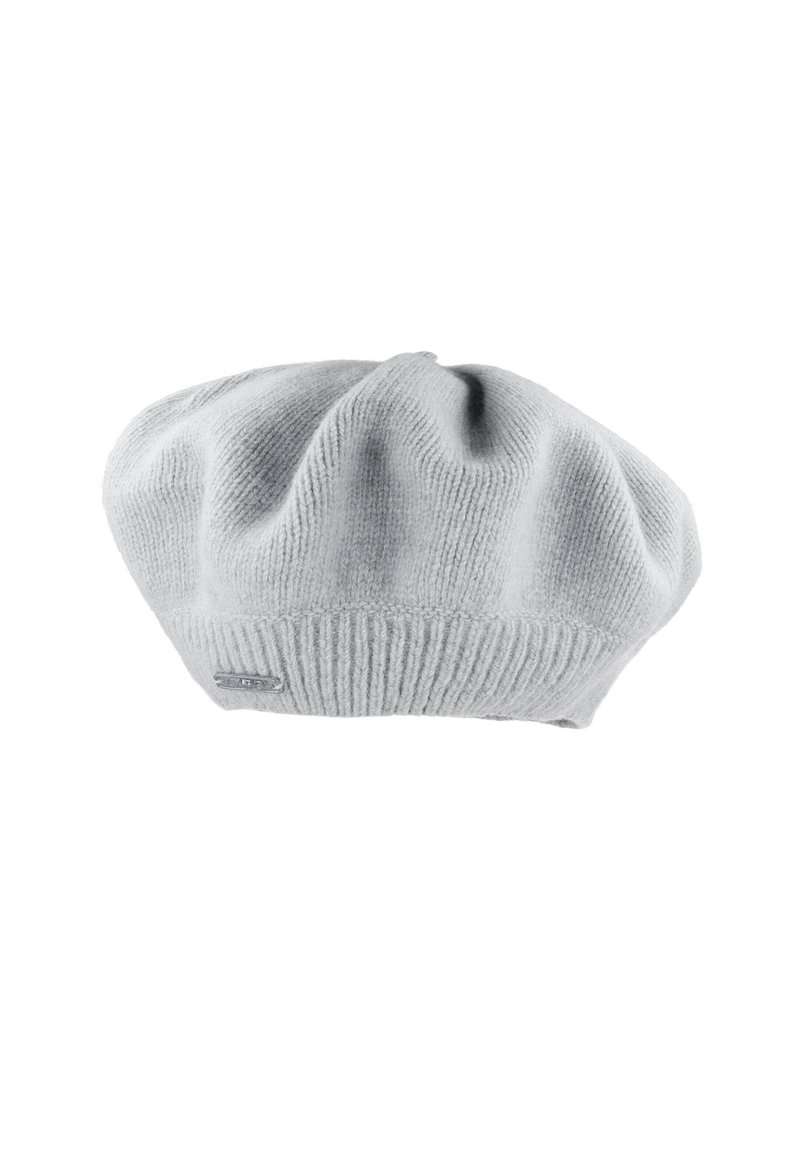 Light gray knitted beret with a rounded top and ribbed band. Features a small metal logo accent on the side. Soft texture.