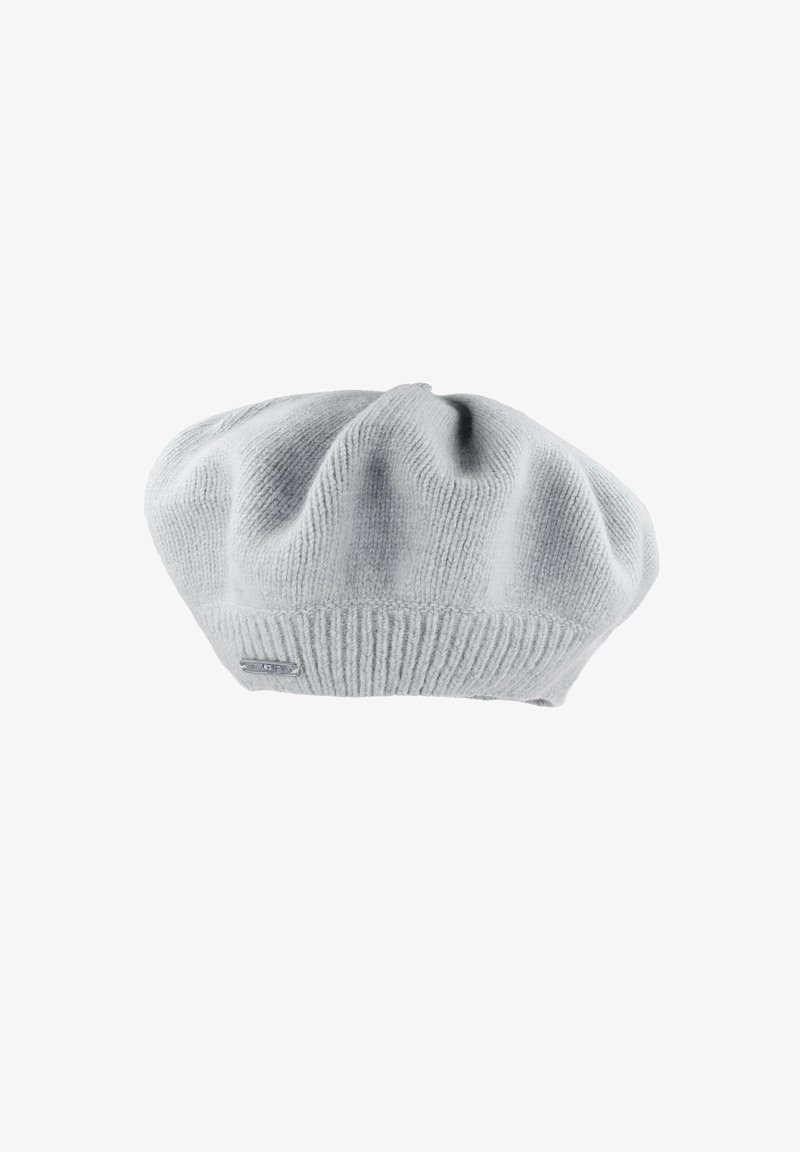 Light gray knitted beret with a rounded top and ribbed band. Features a small metal logo accent on the side. Soft texture.
